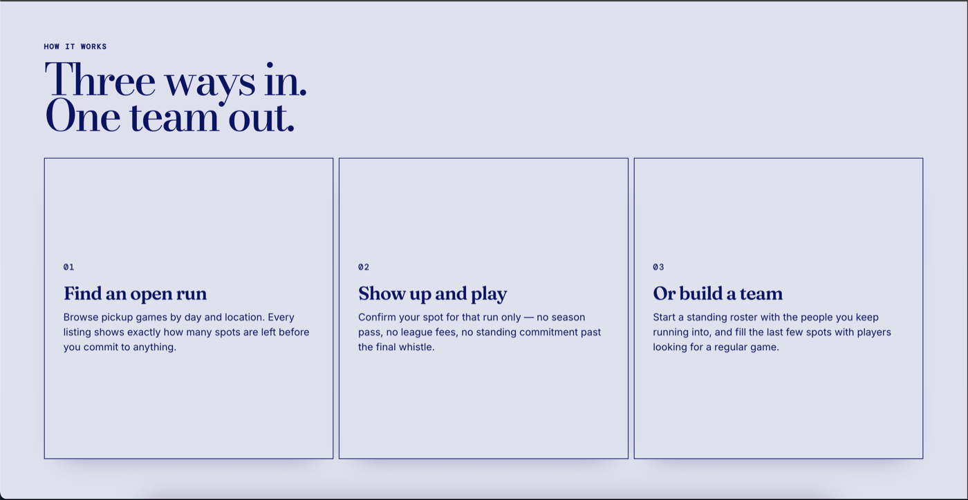 A section headed “Three ways in. One team out.” with three bordered cards: find an open run, show up and play, or build a team.