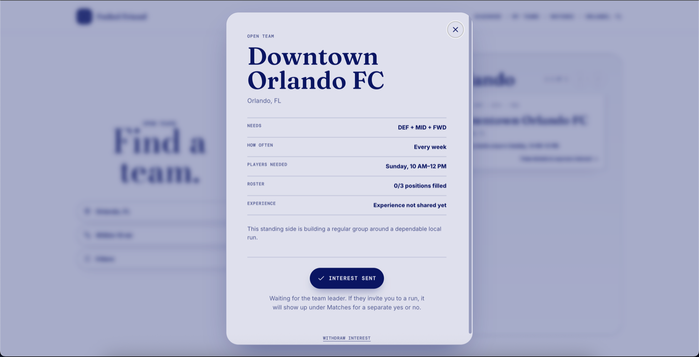 A dialog for Downtown Orlando FC listing the positions needed, how often the team plays, the roster count, and a button in the “Interest sent” state.