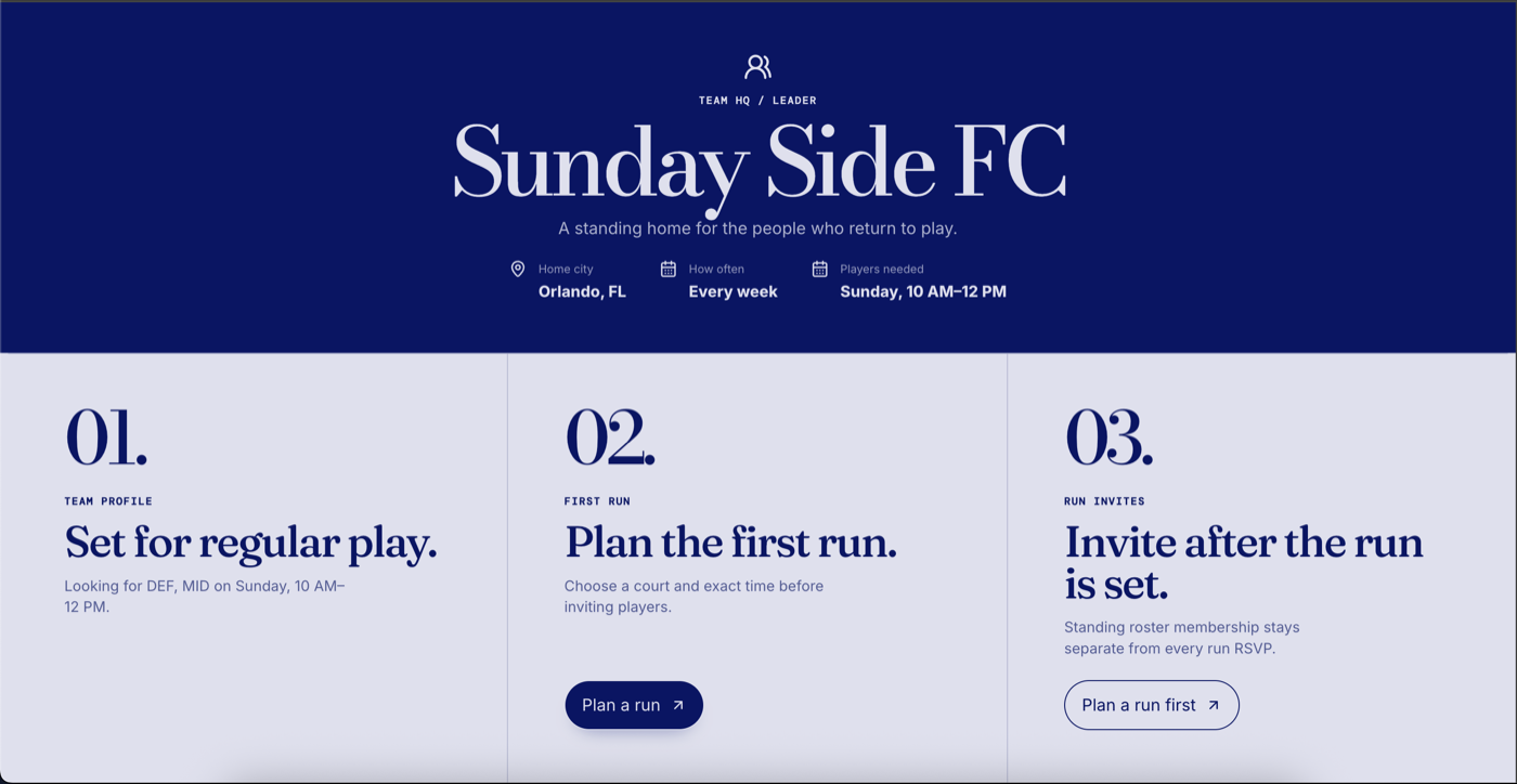 The Team HQ dashboard for Sunday Side FC, showing the home city, how often they play, and three cards for team profile, first run, and run invites.