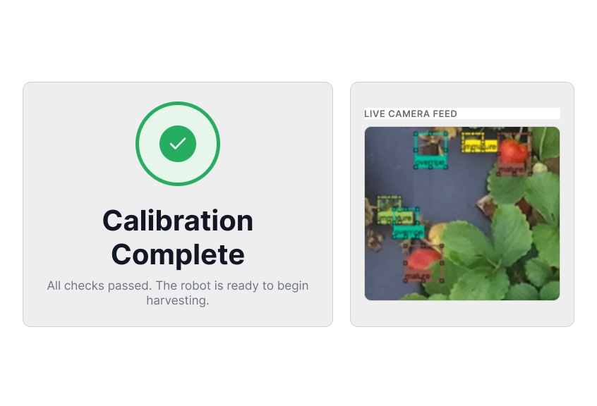 Calibration complete screen with a green check and the live camera feed alongside.