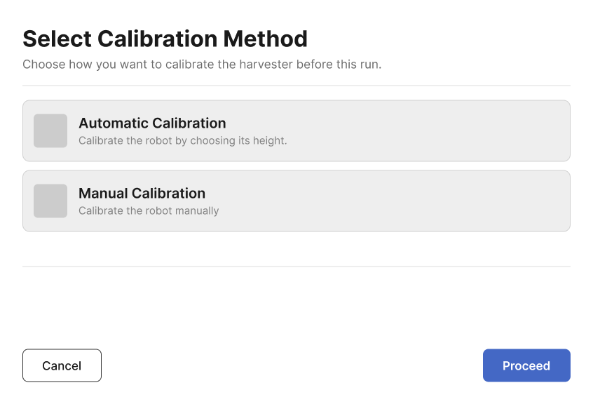 Select calibration method, offering automatic calibration by choosing the robot's height, or manual calibration.