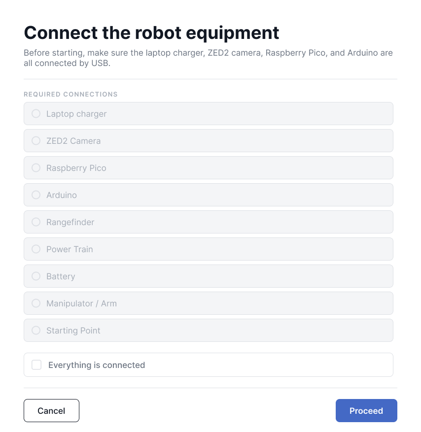 Connect the robot equipment: a checklist of the laptop charger, ZED2 camera, Raspberry Pico, Arduino, rangefinder, power train, battery, manipulator arm, and starting point, with a single confirmation box.