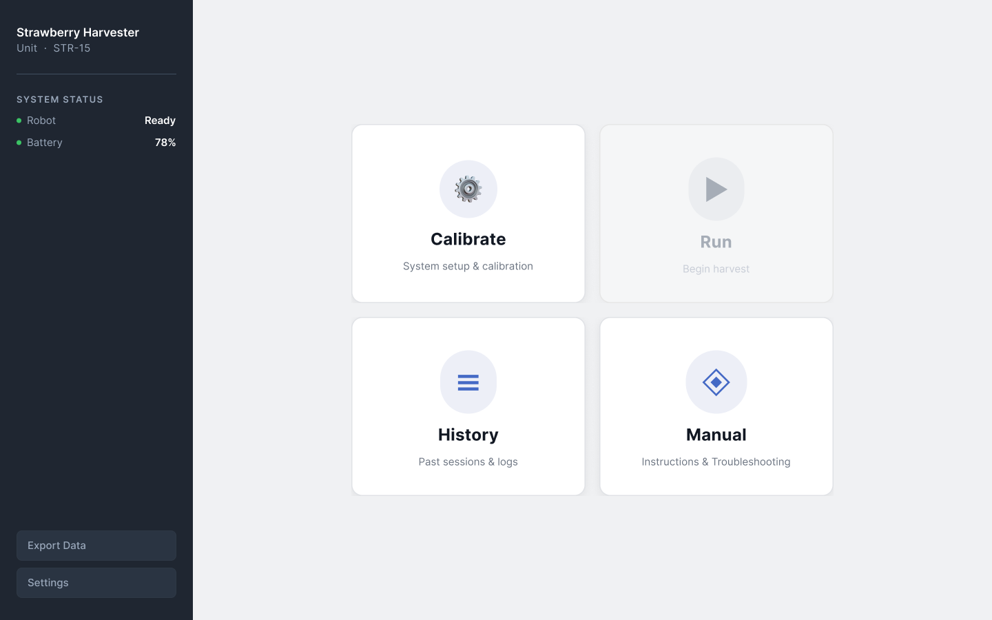 Home screen with four large actions: Calibrate, Run (greyed out), History, and Manual, plus a status sidebar.