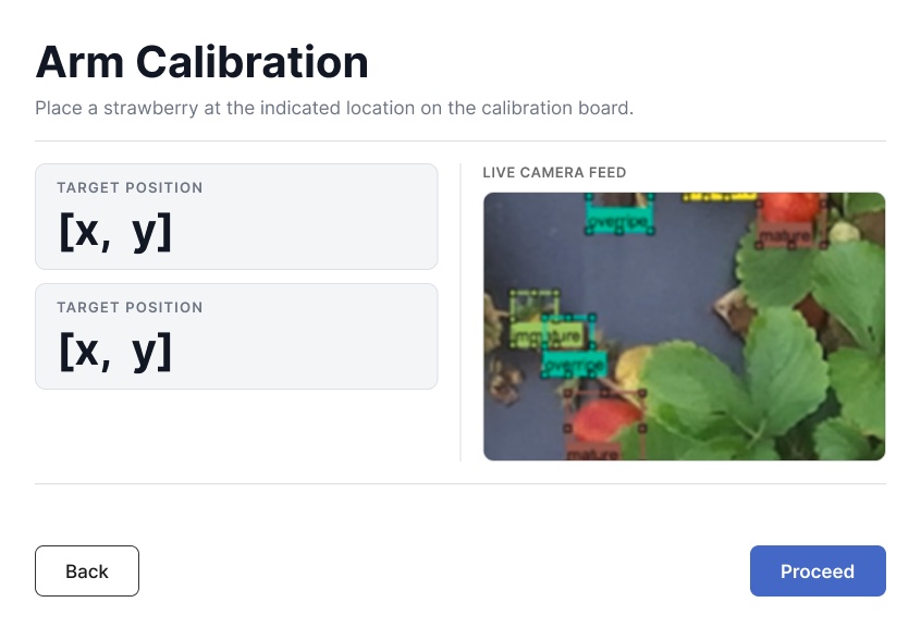 Arm calibration screen with two target positions beside a live camera feed showing strawberries labelled mature and immature.